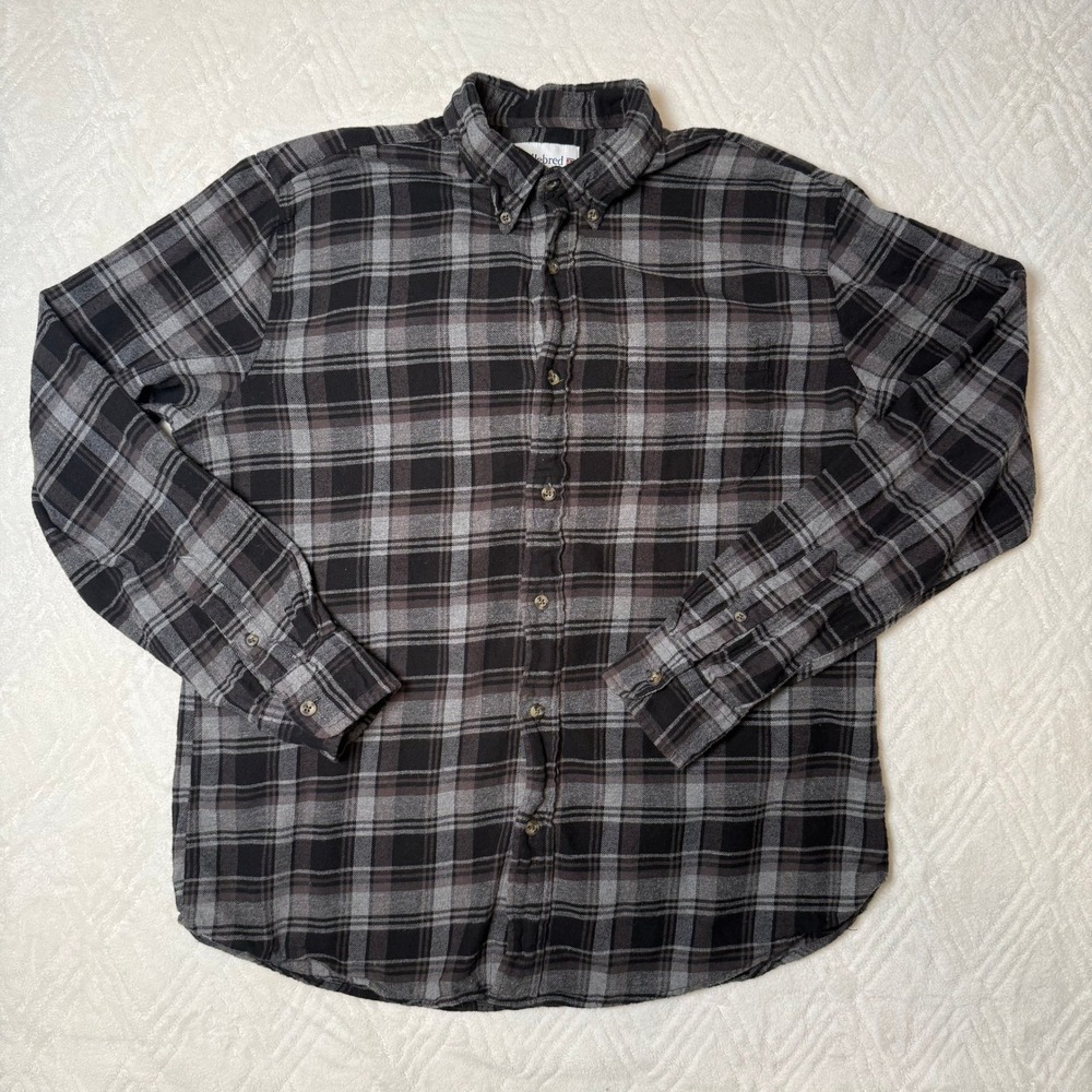 Grunge Workwear Saddlebred Men's L Black Gray Plaid Flannel Shirt Cotton